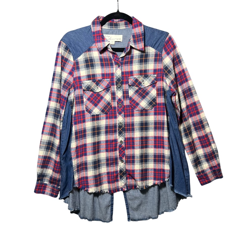 Vintage Havana Womens‎ Plaid Denim Mixed Media Button Down Shirt Red Blue Small